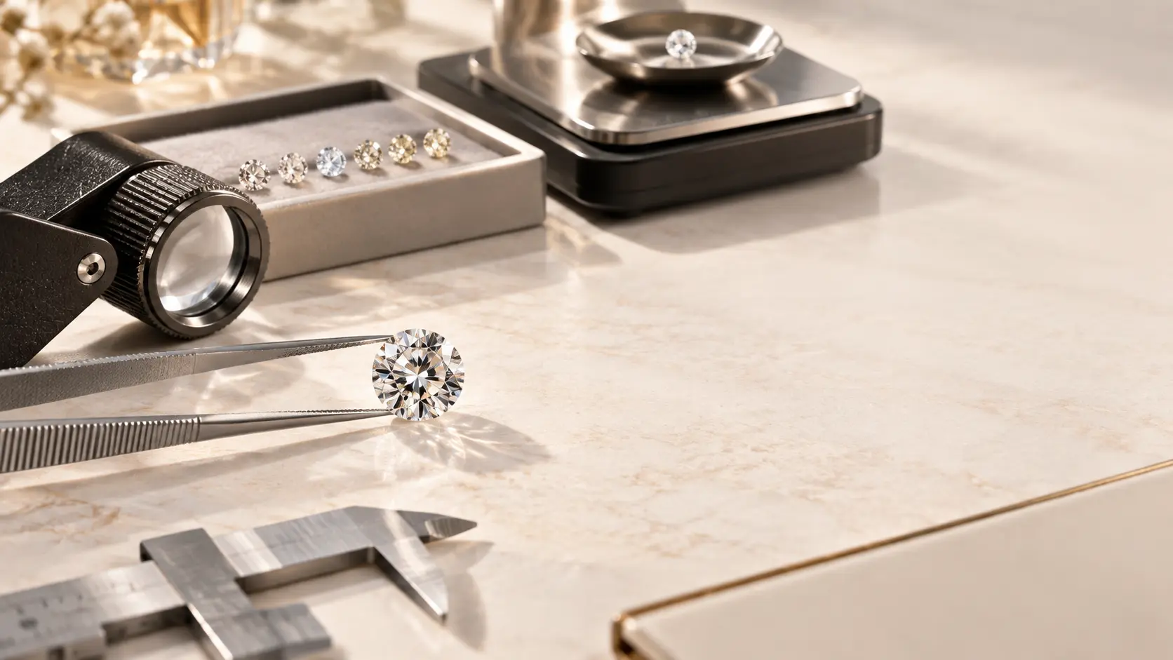 نمای مفهومی از چهار معیار Cut، Color، Clarity و Carat در ارزیابی الماس